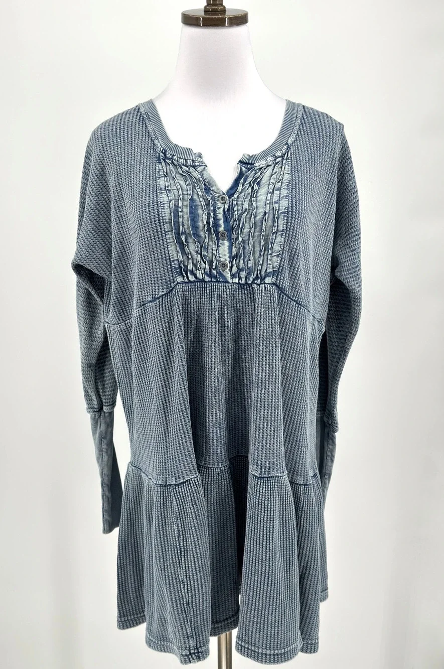 Free People One Jolene Blue Waffle Knit thermal Tiered Mini Dress Sz M